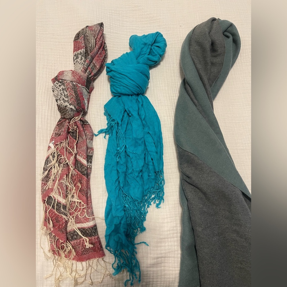 Set of Three Fashion Scarves in Red, Blue, and Gray